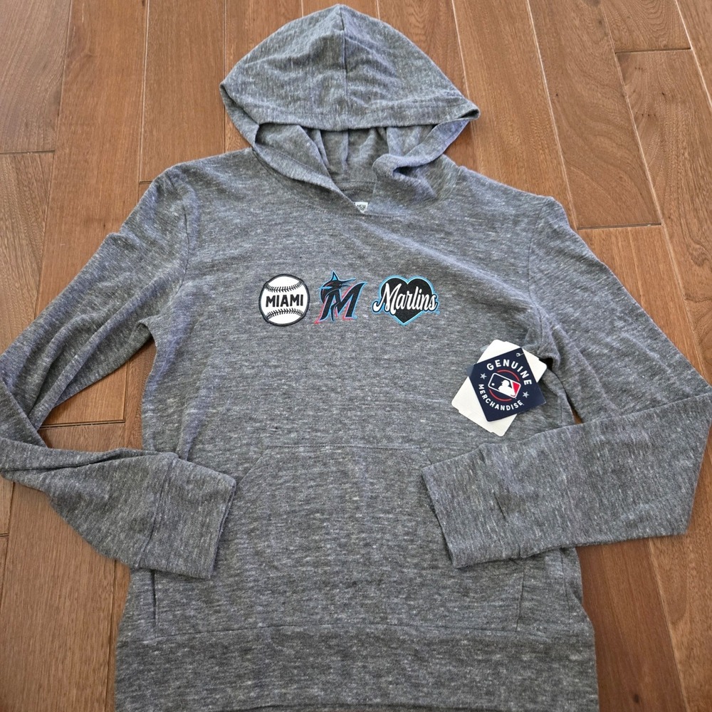 New Era Miami Marlins MLB Kids Heather Gray Hoodie Pullover Size 7-8 New Girls